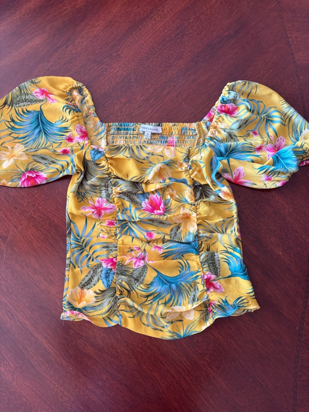 Rose and Olive Mustard Floral Puff-Sleeve Top